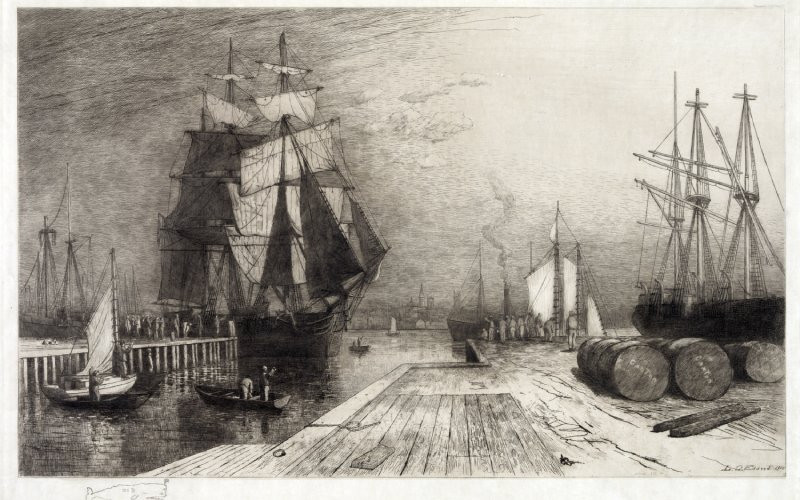 Gravure d'un baleinier accostant au port