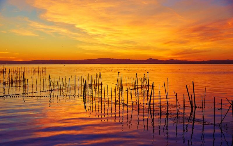 Coucher de soleil dans l'Albufera de Valence