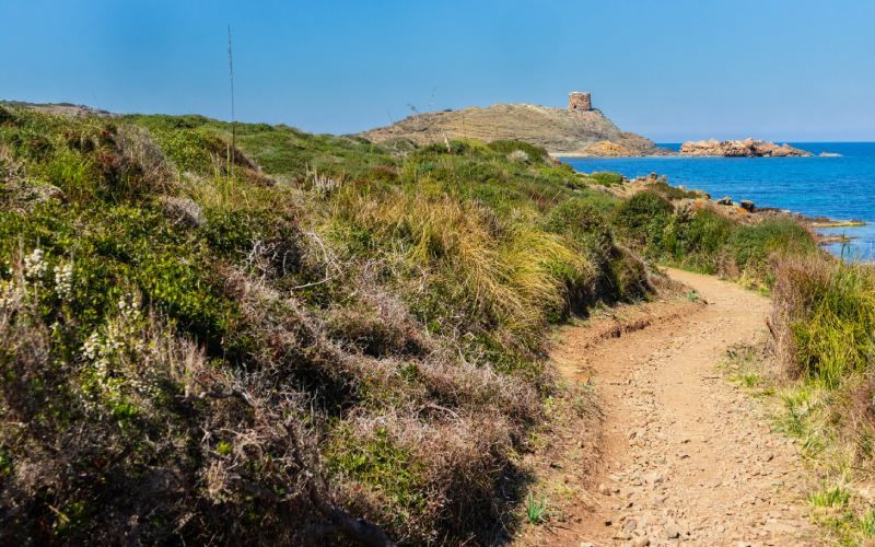 Camí de Cavalls, avec une tour de défense en arrière-plan