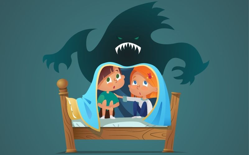 Illustration de deux enfants tourmentés par un monstre