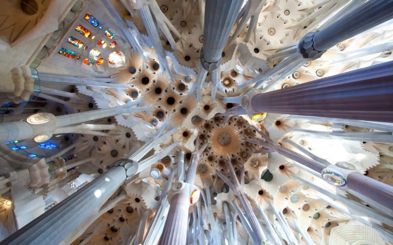 Intérieur de la Sagrada Familia, où les colonnes forment l'image d'une forêt au plafond