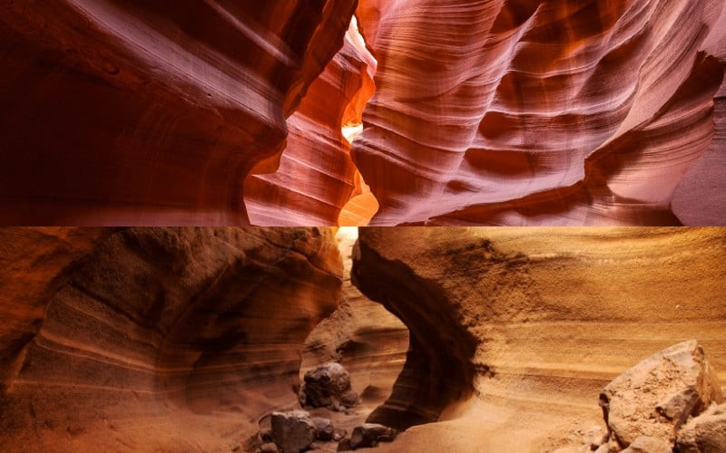 Antelope Canyon, en haut, et Ravin des Vaches, en bas. | Shutterstock