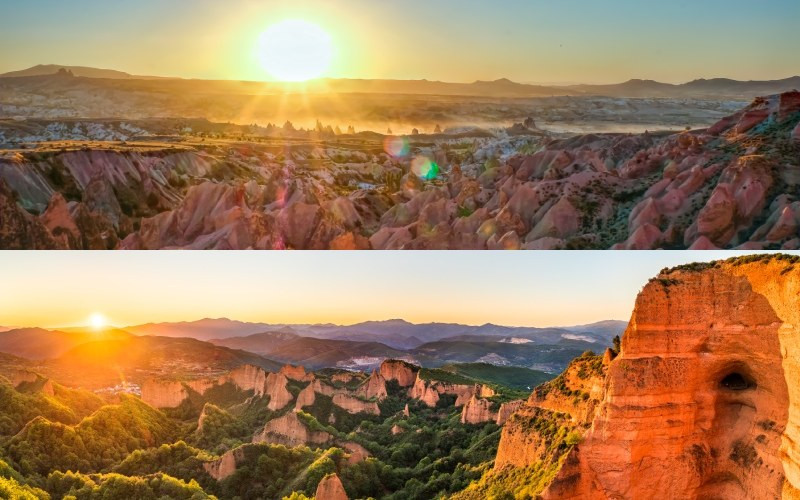 Vallée Rouge, en haut, et les Médulas, en bas