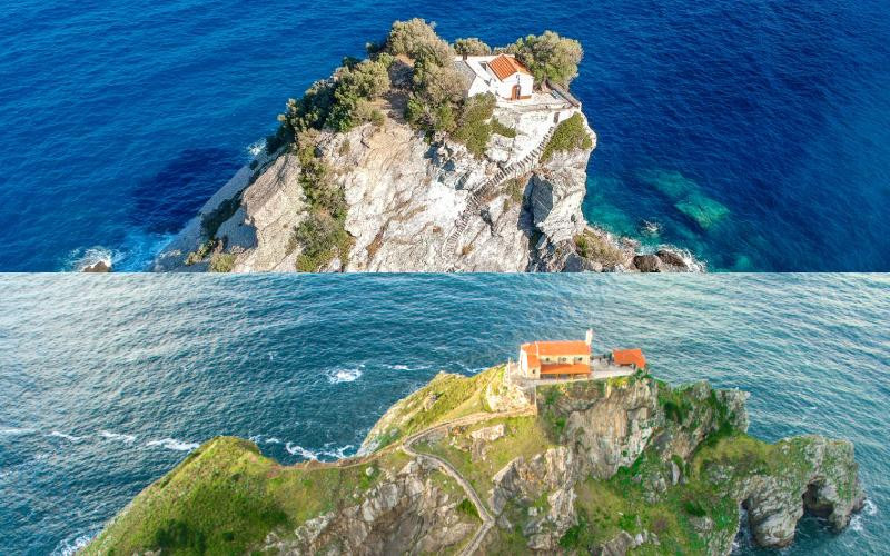 Agios Ioannis, en haut, et Saint Jean de Gaztelugatxe, en bas