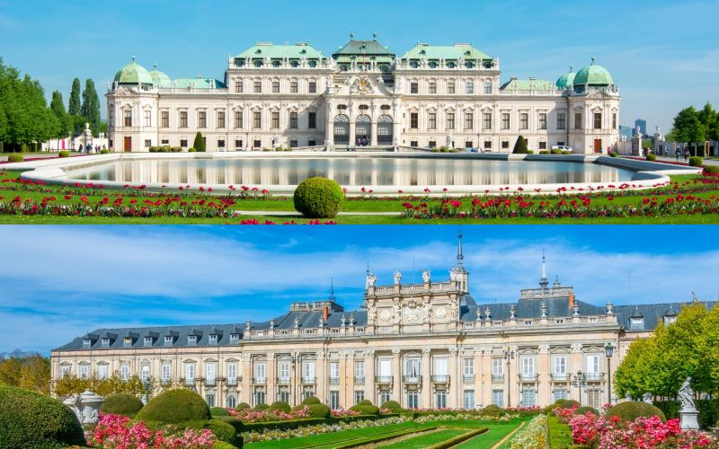 Palais de Schönbrunn, en haut, et Palais de La Granja de San Ildefonso, en bas