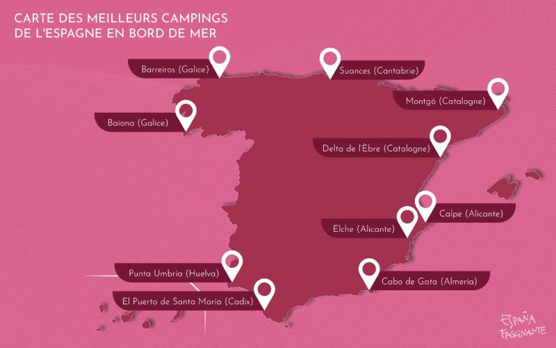 Carte des meilleurs campings de l'Espagne en bord de mer