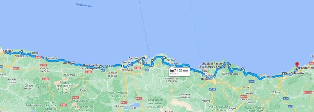 Route entre Saint Sébastien et Gijón depuis la frontière française
