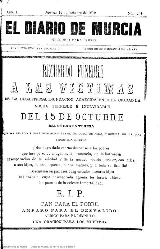 Première page du 16 octobre 1879 du journal de Murcie