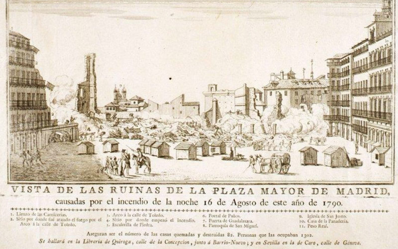 Vue des ruines de la Plaza Mayor de Madrid à la suite de l’incendie de 1790