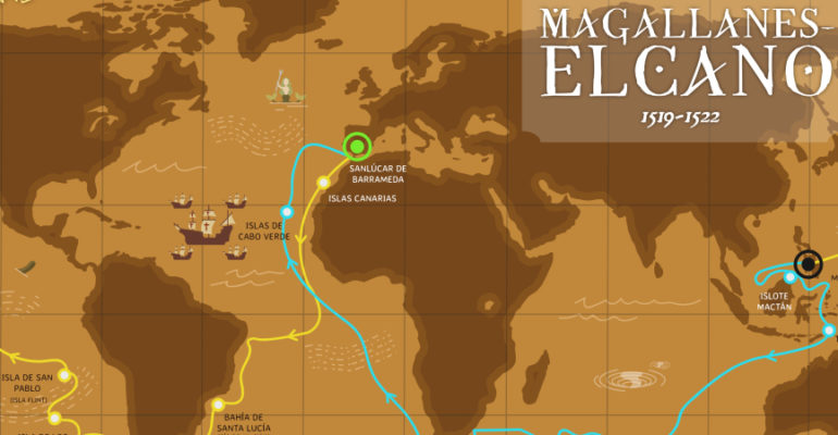 Carte du premier tour du monde : le voyage de Magellan-Elcano