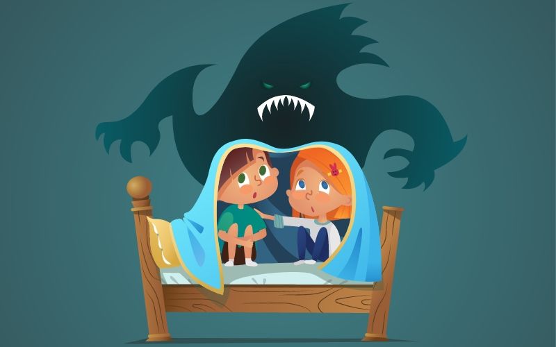 Illustration de deux enfants tourmentés par un monstre
